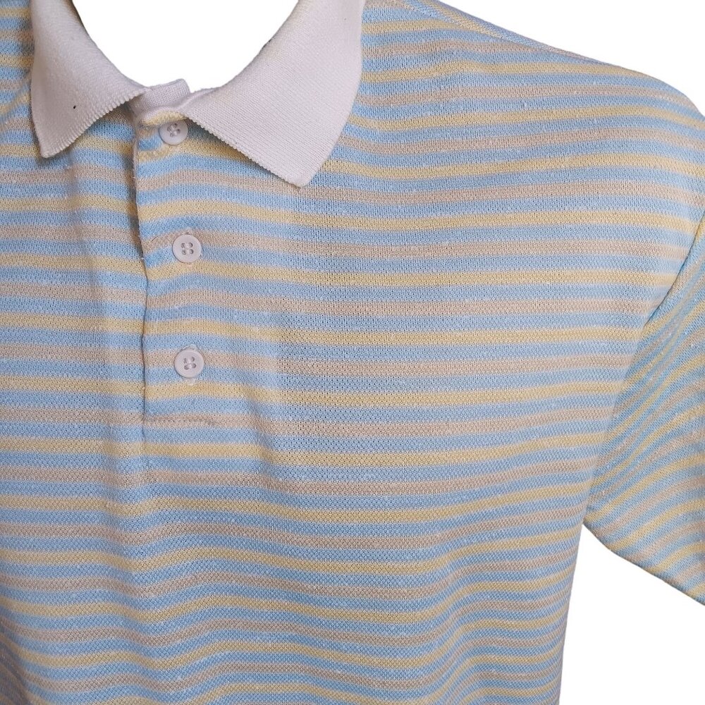 Vintage Mens XL Polo Shirt 1980's Yellow Blue Striped USA Dee Cee Single Stitch